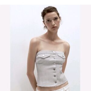 Zara Light Gray Strapless Corset Top with Button Front